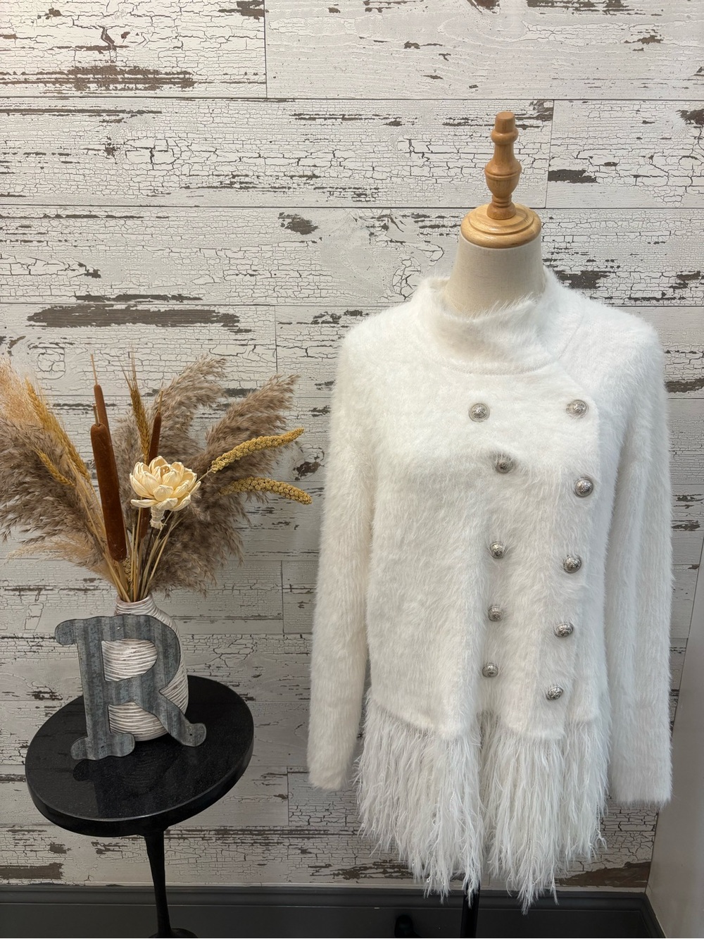 STYLEWE White Faux-Fur Double-Breasted Feather Hem Pea Coat